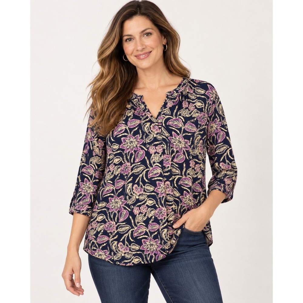 Lucky Brand Navy Floral Split Neck Tunic Blouse 3/4 Sleeve Plus Size 2X